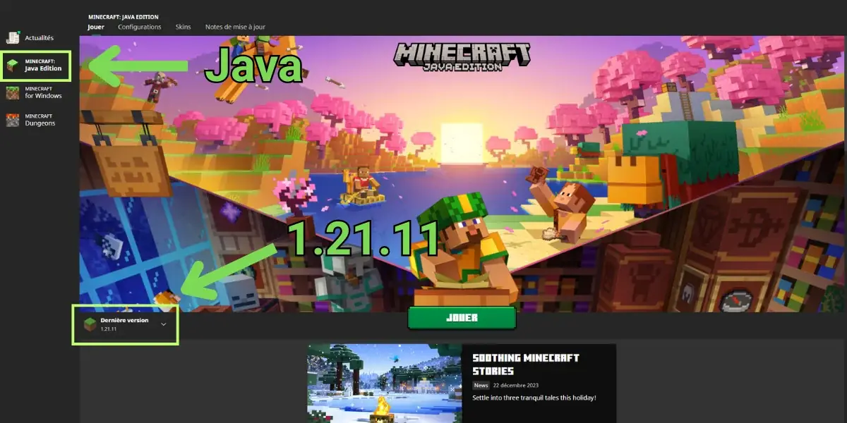 Le launcher Minecraft avec la sélection de version